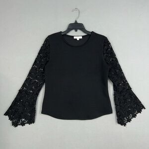 Anthropologie Eri Ali Blouse Womens Small Black Sheer Floral Lace Bell Sleeve